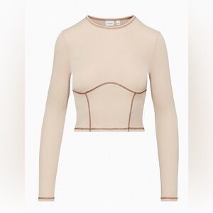 Sunday Best Beige Contrast-Seam Long Sleeve Crop Top